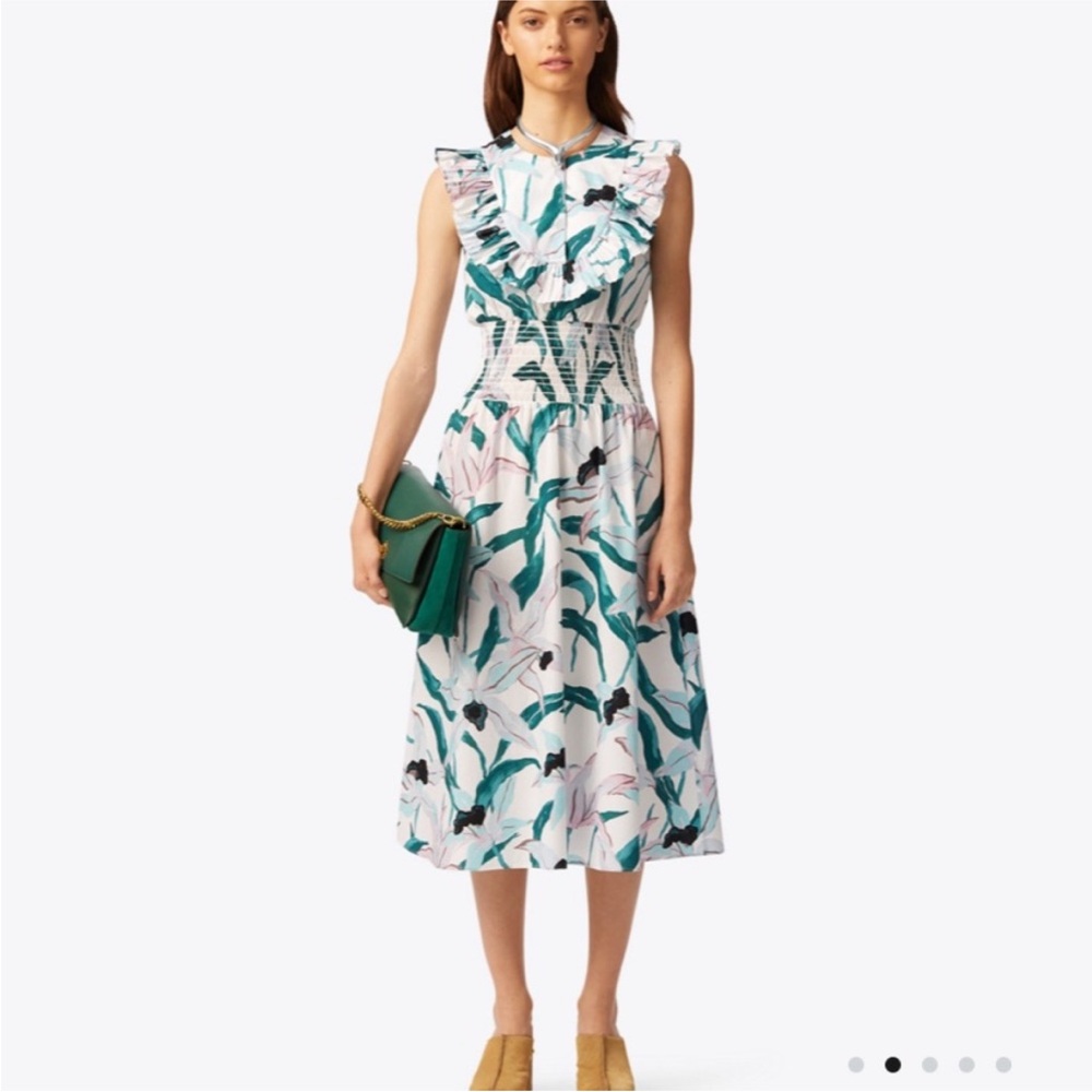 Tory Burch Teal and White Leaf Print Midi Dress